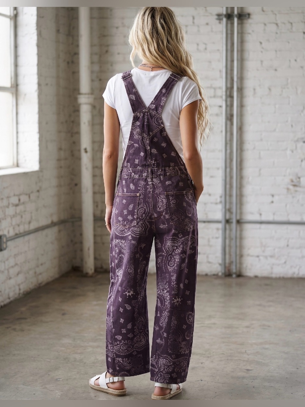 NWT Eesome Mineral Washed Paisley Boho Bandana Print Overalls Jumpsuit Jumper - Picture 8 of 8